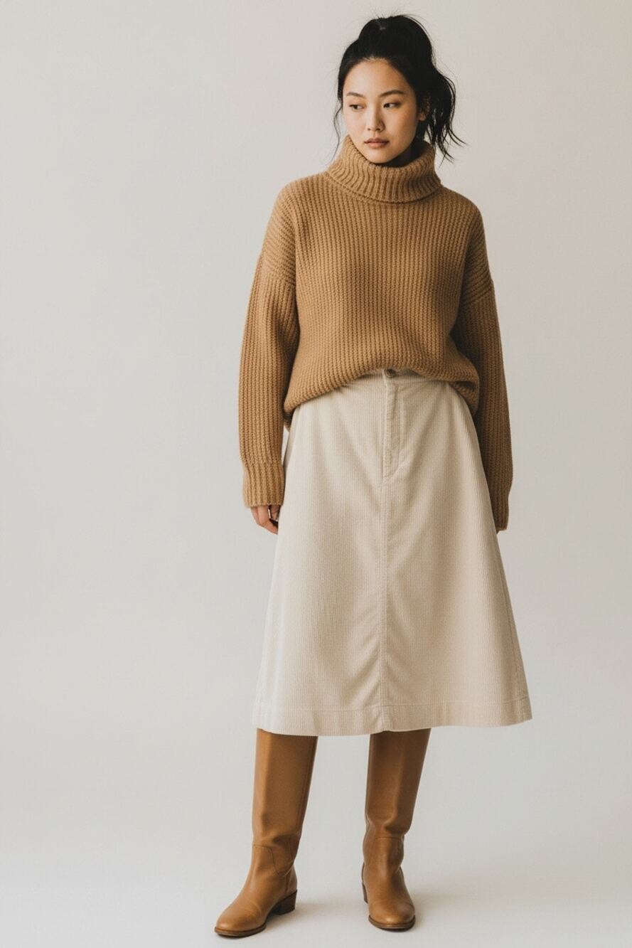 Women’s Uniqlo Minimalist Preppy Corduroy A Line Midi Skirt Cream 4